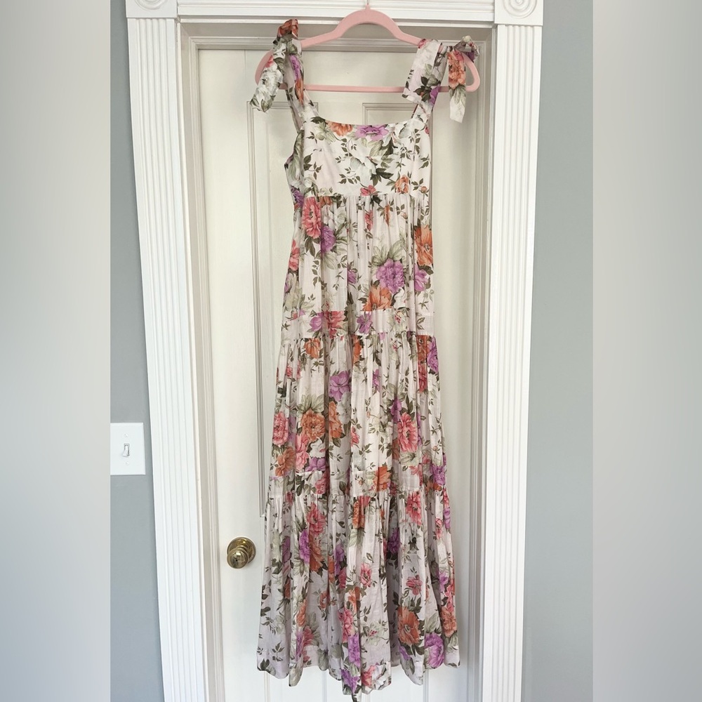 Zimmermann Floral Tie Shoulder Midi Dress Cottom Voile Ivory Tiered - Zim Size 2 - Picture 2 of 4